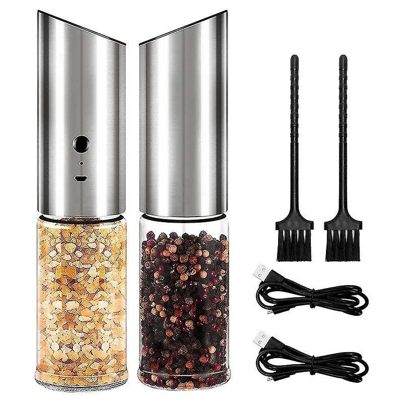 2Pcs Electric Pepper Grinder,USB Charging Adjustable Coarse Grain, Capacity 170Ml,Stainless Steel Re
