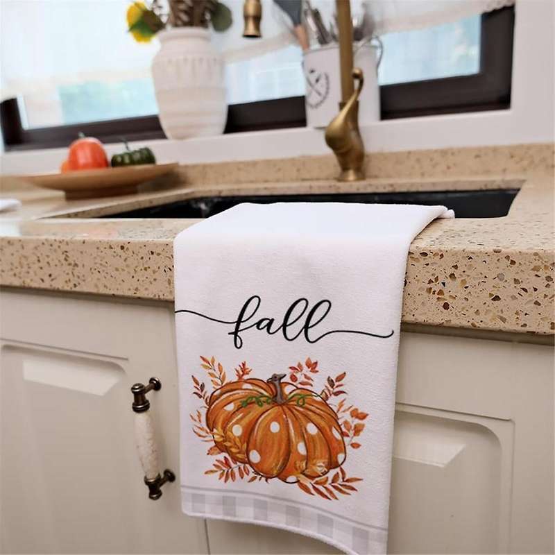 2PCS Fall Kitchen Towels Set of 2, Orange Pumpkin Grey Check Autumn Dish Towels Drying Dishcloth