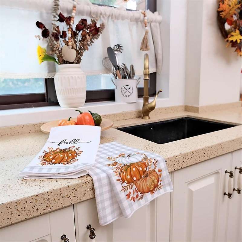 2PCS Fall Kitchen Towels Set of 2, Orange Pumpkin Grey Check Autumn Dish Towels Drying Dishcloth