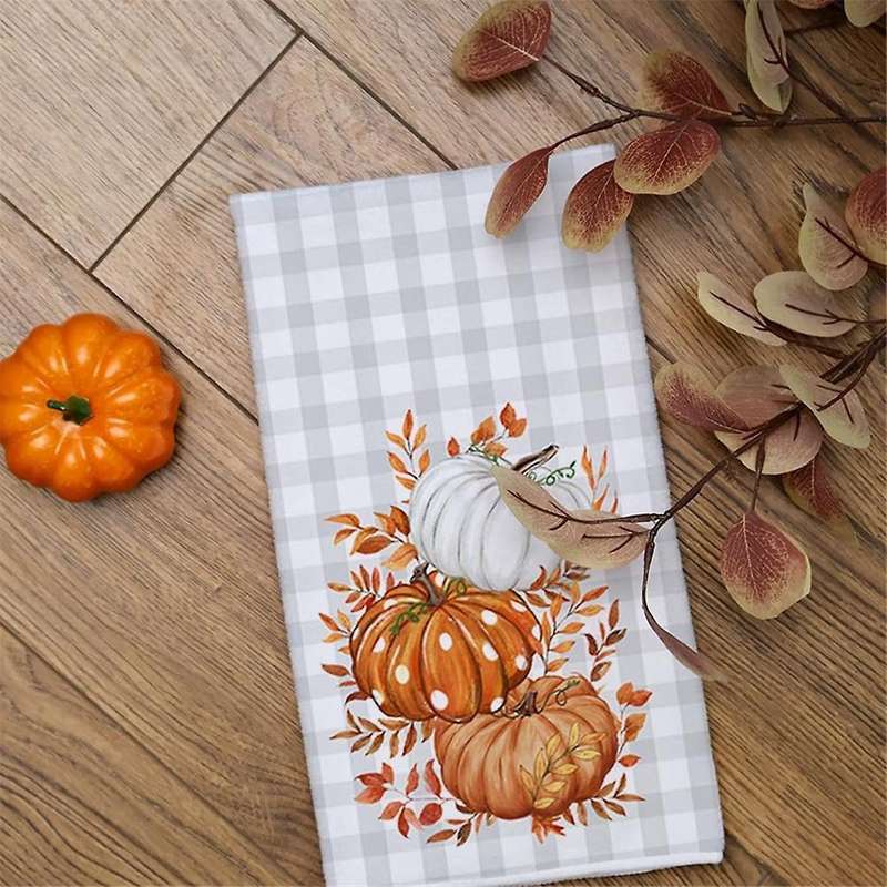 2PCS Fall Kitchen Towels Set of 2, Orange Pumpkin Grey Check Autumn Dish Towels Drying Dishcloth