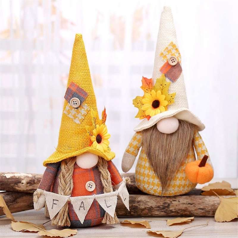 2pcs Fall Gnome Autumn Gnomes Plush with Sunflower Maple Leaf Hat Handmade Home Thanksgiving Day Gi