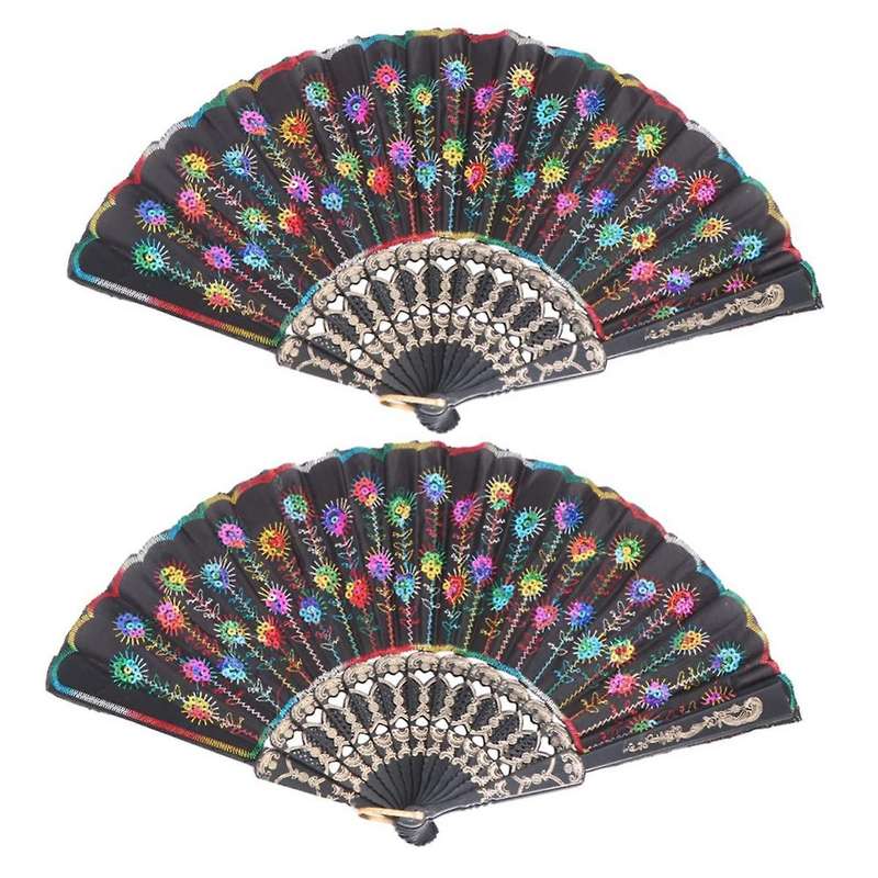 2pcs Folding Fans Handheld Folding Fans Spanish Floral Folding Hand Fans Gift Glitter Floral Fan Gi