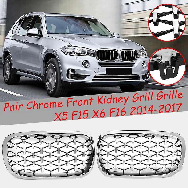 2PCS Front Kidney Diamond Meteor Style Grille Grills for - X5 F15 X6 F16 2014-2017 Racing Grill Chro
