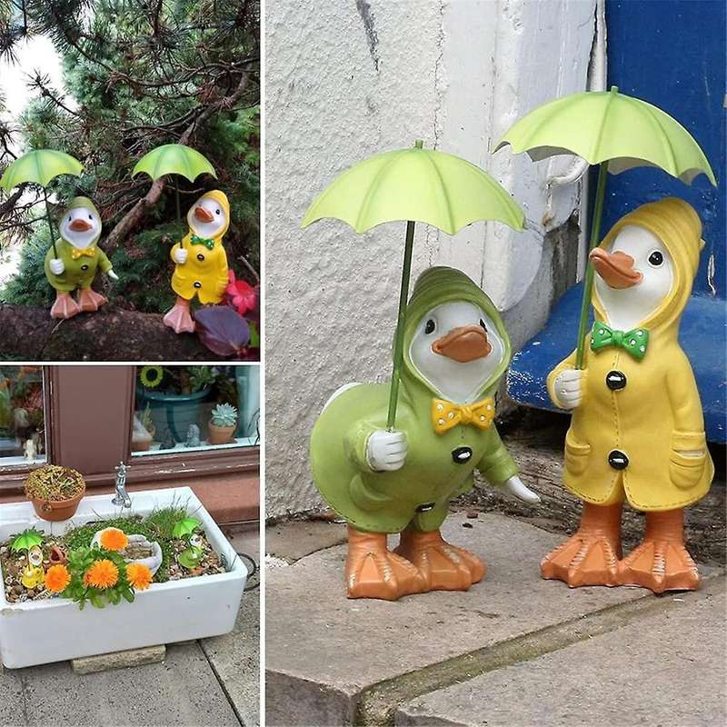 2pcs Garden Ducks Statues, 1 Pair Cute Little Ducks with Umbrella Garden Resin Ornament Garden Duck