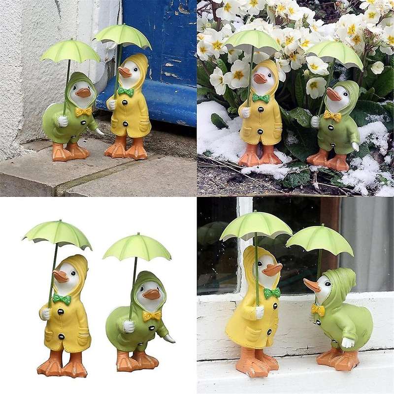 2pcs Garden Ducks Statues, 1 Pair Cute Little Ducks with Umbrella Garden Resin Ornament Garden Duck