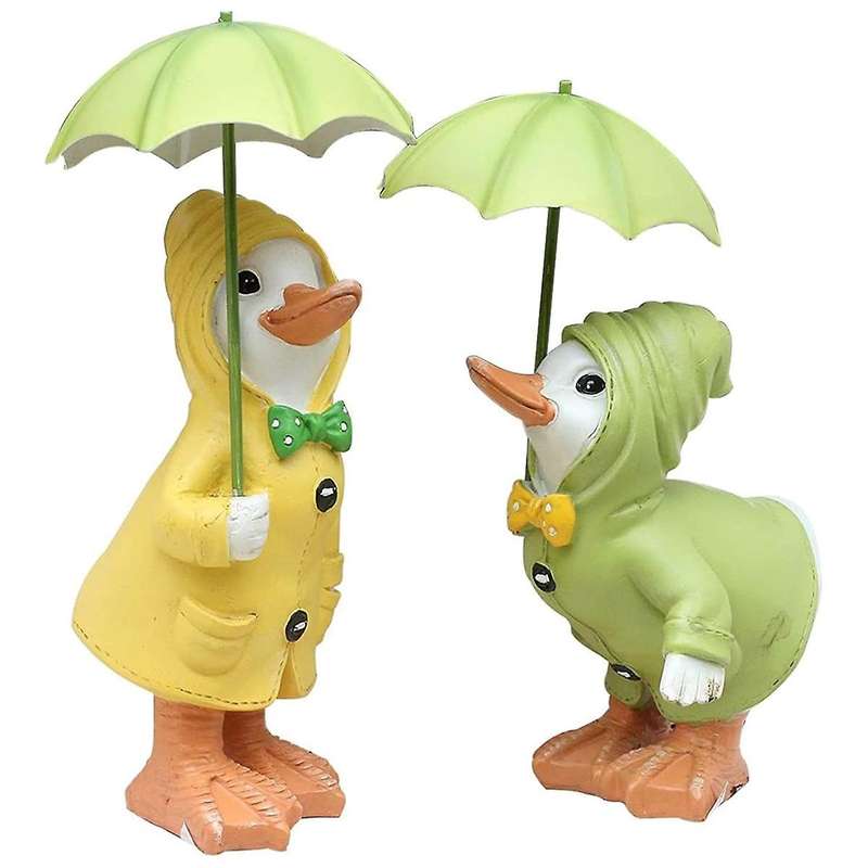 2pcs Garden Ducks Statues, 1 Pair Cute Little Ducks with Umbrella Garden Resin Ornament Garden Duck