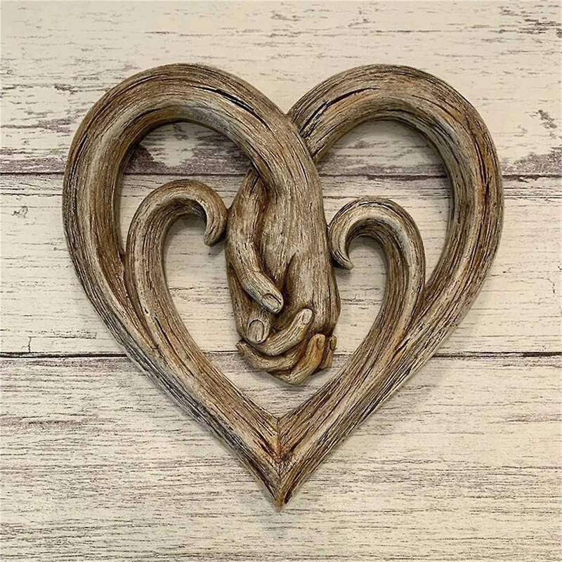 2PCS Heart Holding Hands Wall Decor Decorative Art Sculpture Rustic Wooden Texture Style Handshake C