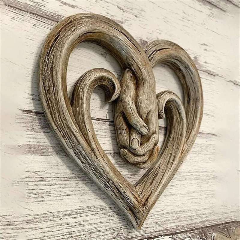 2PCS Heart Holding Hands Wall Decor Decorative Art Sculpture Rustic Wooden Texture Style Handshake C