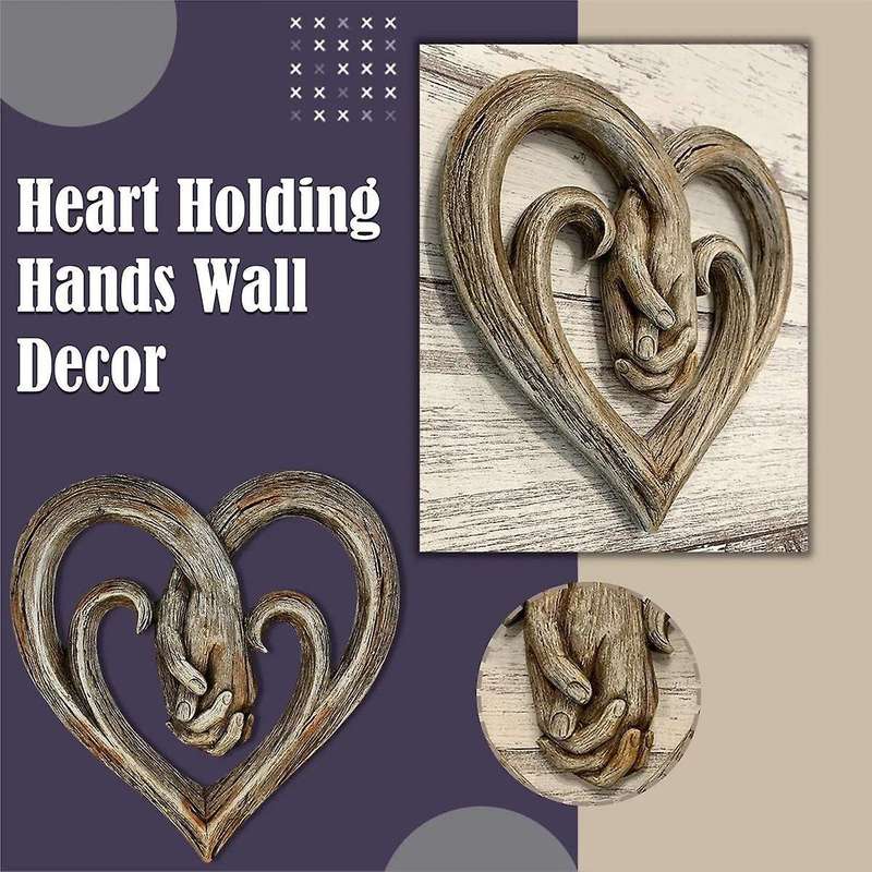 2PCS Heart Holding Hands Wall Decor Decorative Art Sculpture Rustic Wooden Texture Style Handshake C
