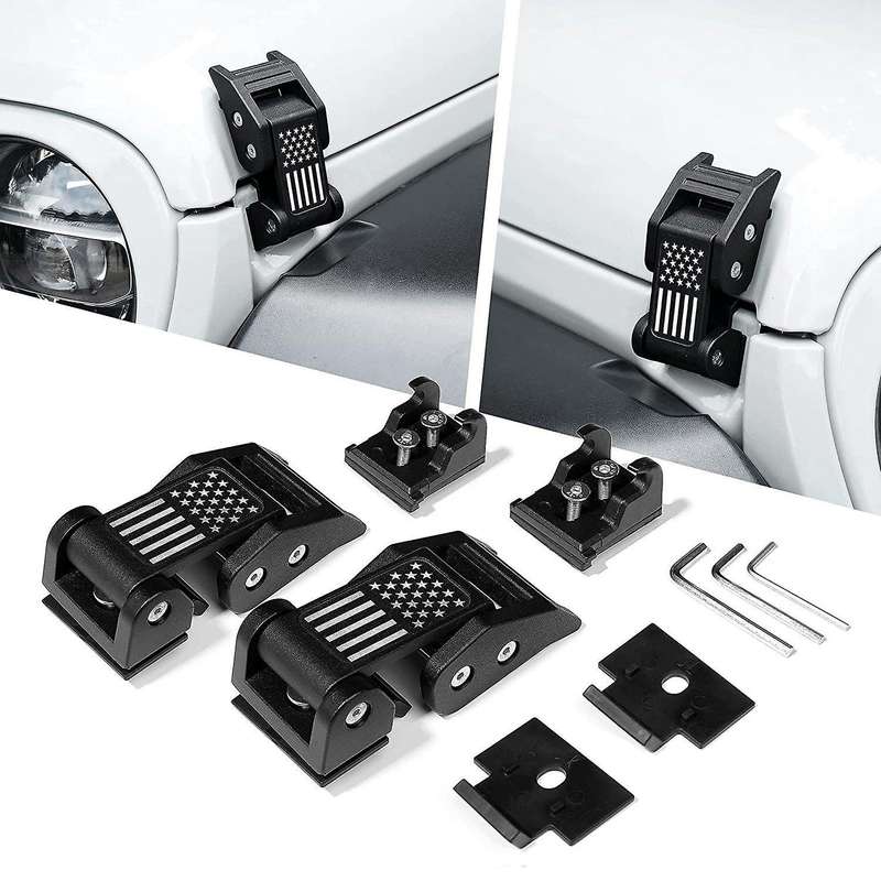 2PCS Hood Latches Catch Kit with U.S. Flag Style Black Aluminum for Wrangler JK JKU 2007-2018