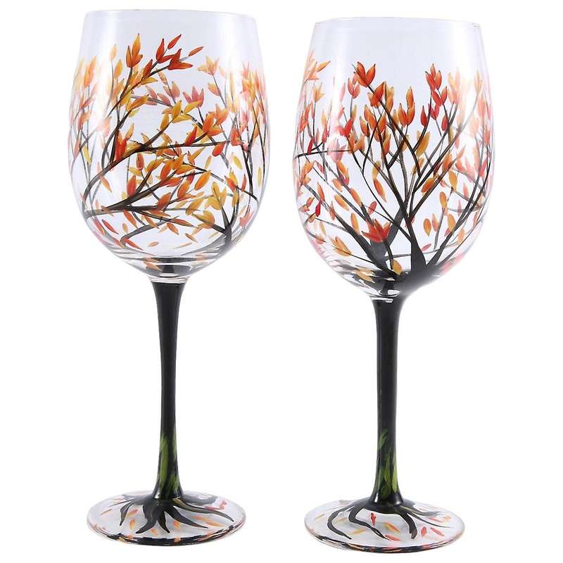 2pcs Hot-autumn Tree Wine Glass - Fall Colors - Leaves Of Red, Yellow, Orange - Hand Painted - Fall