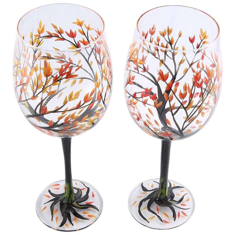 2pcs Hot-autumn Tree Wine Glass - Fall Colors - Leaves Of Red, Yellow, Orange - Hand Painted - Fall