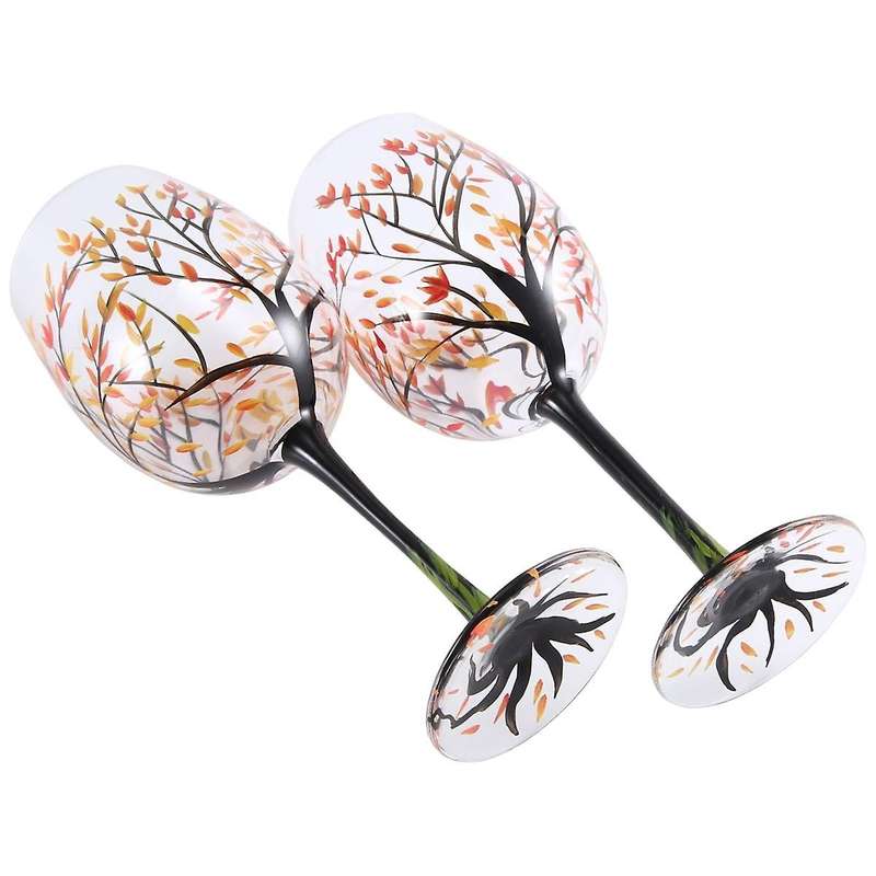 2pcs Hot-autumn Tree Wine Glass - Fall Colors - Leaves Of Red, Yellow, Orange - Hand Painted - Fall