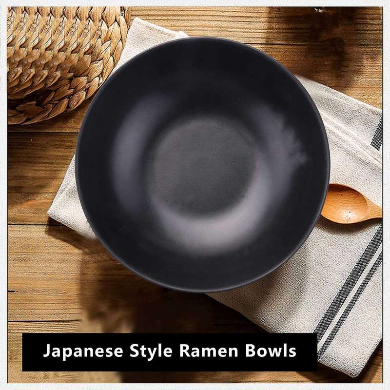 2Pcs Japanese Style Ramen Bowls Stylish Food Container Black Noodle Bowls Black Imitation Porcelain