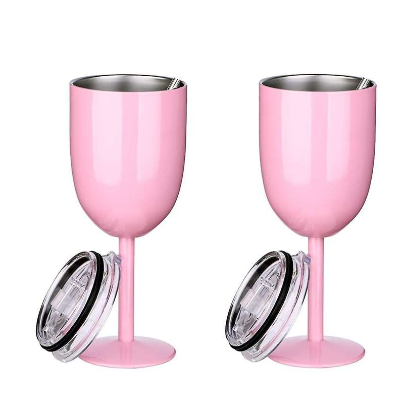 2PCS Insulated Pink Wine Glasses Double Wall Food Grade Stainless Steel Travel Wine Cup with Leak Pr