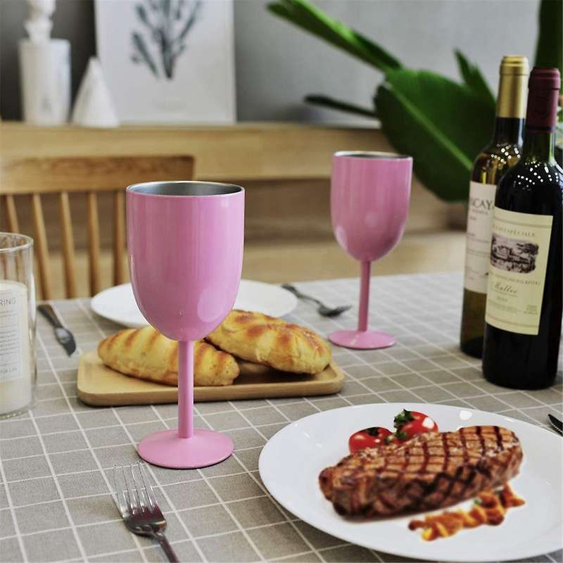2PCS Insulated Pink Wine Glasses Double Wall Food Grade Stainless Steel Travel Wine Cup with Leak Pr
