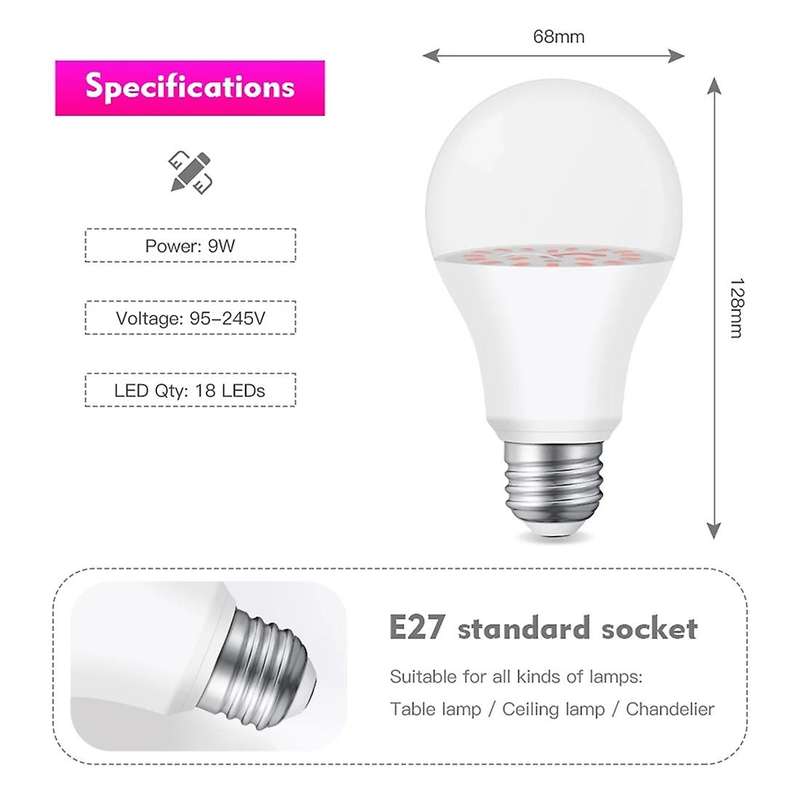 2Pcs LED Grow Light Bulb 18LED Full Spectrum 9W E27 Growing Bulbs for Indoor Hydroponics Flowers Pla
