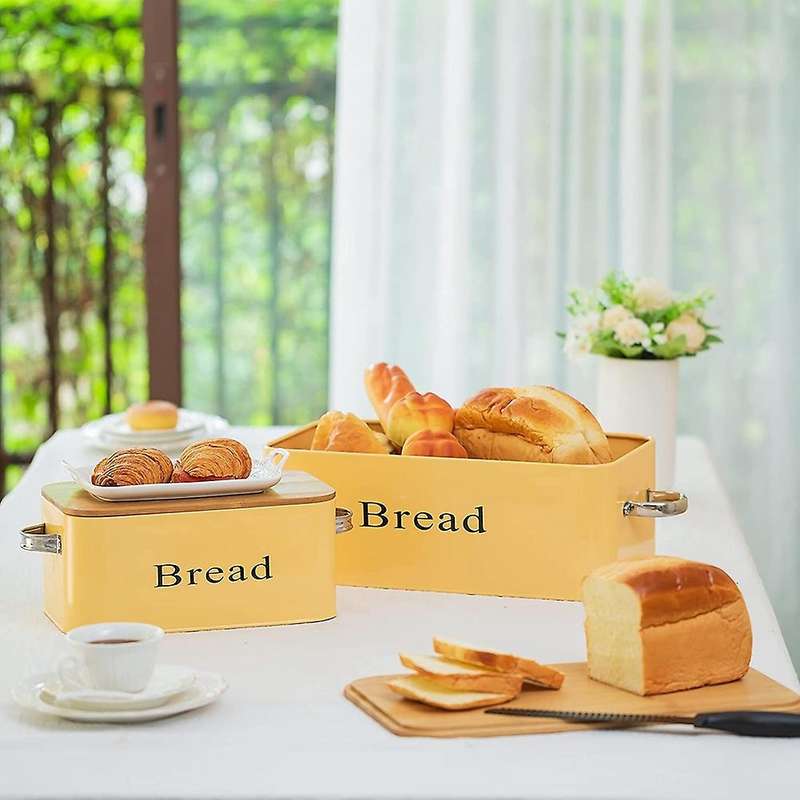 2Pcs Metal Bread Box with Natural Bamboo Lid and Handles Kitchen Food Storage Container Bread Storag