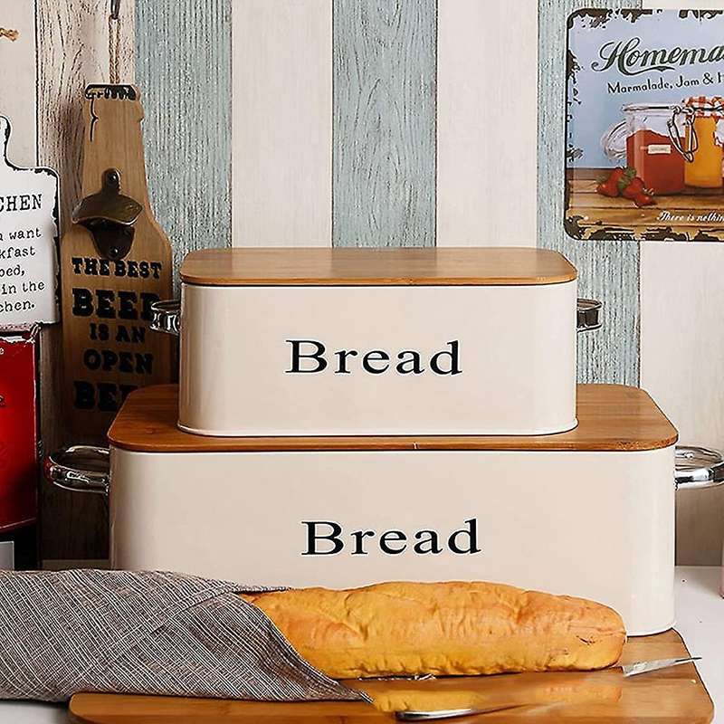 2Pcs Metal Bread Box with Natural Bamboo Lid and Handles Kitchen Food Storage Container Bread Storag