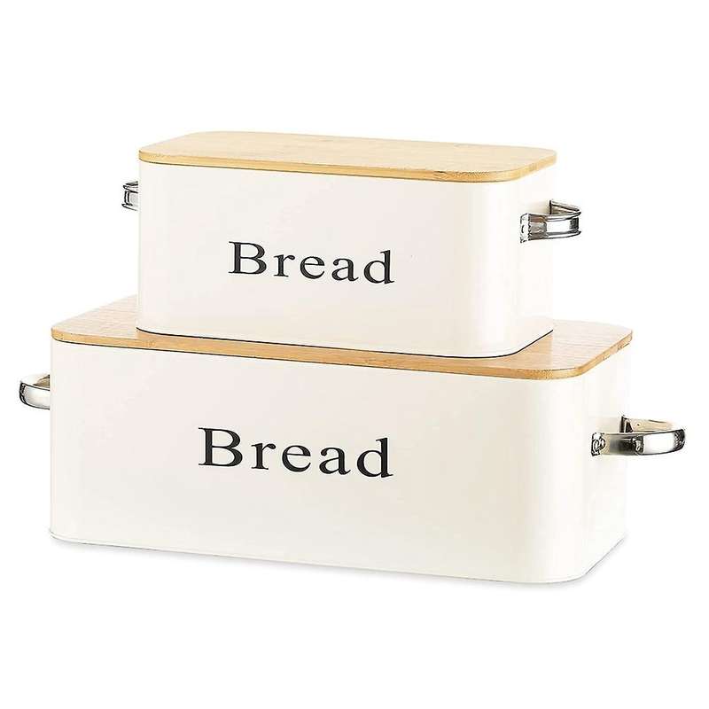 2Pcs Metal Bread Box with Natural Bamboo Lid and Handles Kitchen Food Storage Container Bread Storag