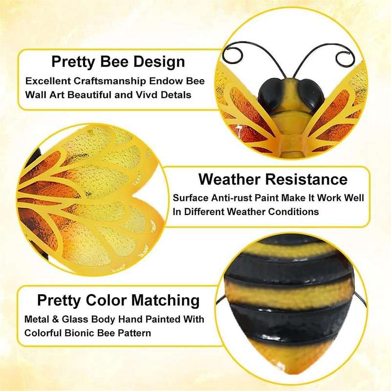 2PCS Metal Bee Wall Art Bee Outdoor Decor Hanging Garden Wall Decor Outside Bee Glass Sculpture Dec