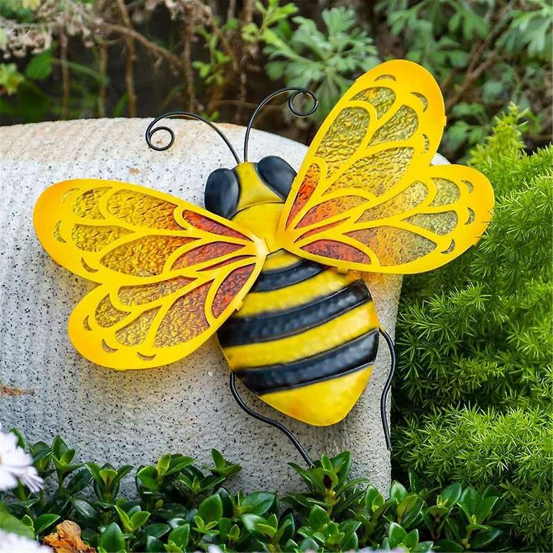 2PCS Metal Bee Wall Art Bee Outdoor Decor Hanging Garden Wall Decor Outside Bee Glass Sculpture Dec