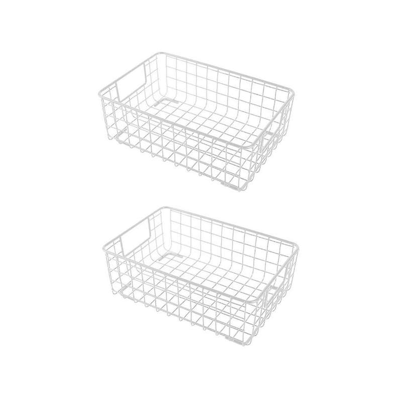 2pcs Metal Wire Storage Basket with Handle Wrought Iron Sundries Container Kitchen,white
