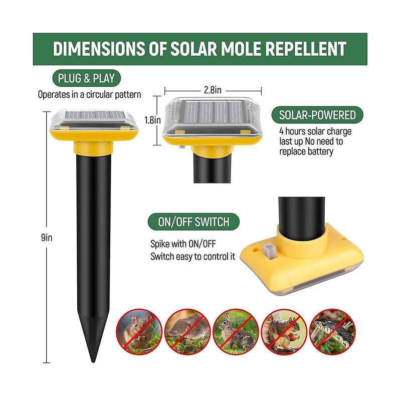 2pcs Mole Repellent Solar Ultrasonic Vole Repellent Outdoor Pest Mole Repellent Solar Powered