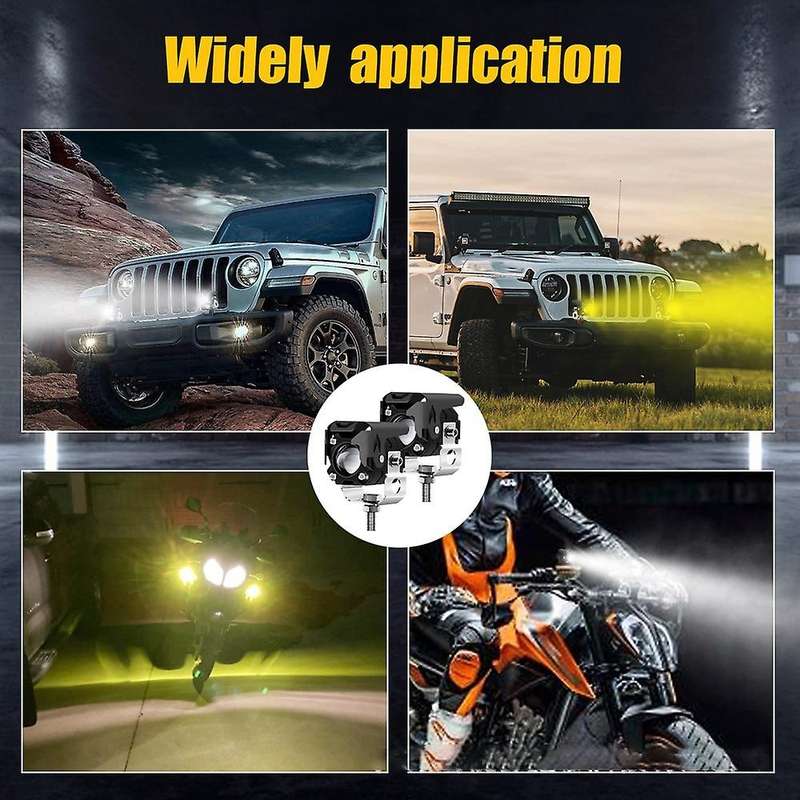 2Pcs Motorcycle LED Spotlight Yellow and White Double Color Lens High/Low Beam Fog Light Headlight A