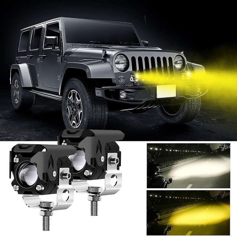 2Pcs Motorcycle LED Spotlight Yellow and White Double Color Lens High/Low Beam Fog Light Headlight A
