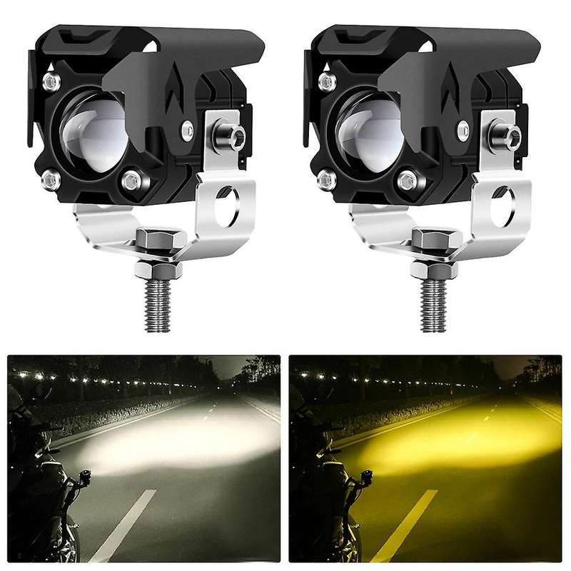 2Pcs Motorcycle LED Spotlight Yellow and White Double Color Lens High/Low Beam Fog Light Headlight A