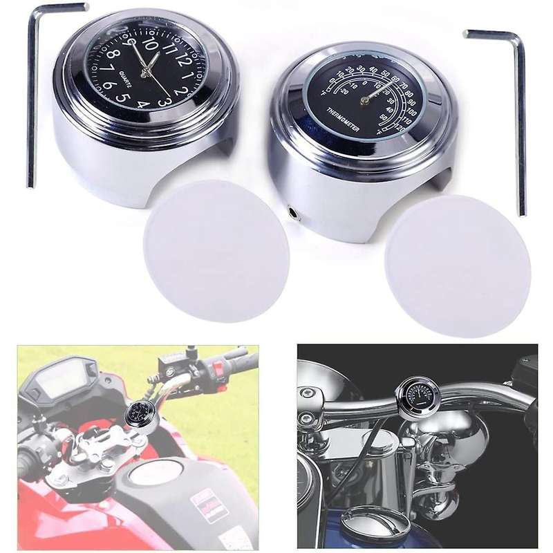 2PCS Motorcycle Quartz Clock and Thermometer 7/8Inch Waterproof Bike Handlebar Watch Aluminum Univer