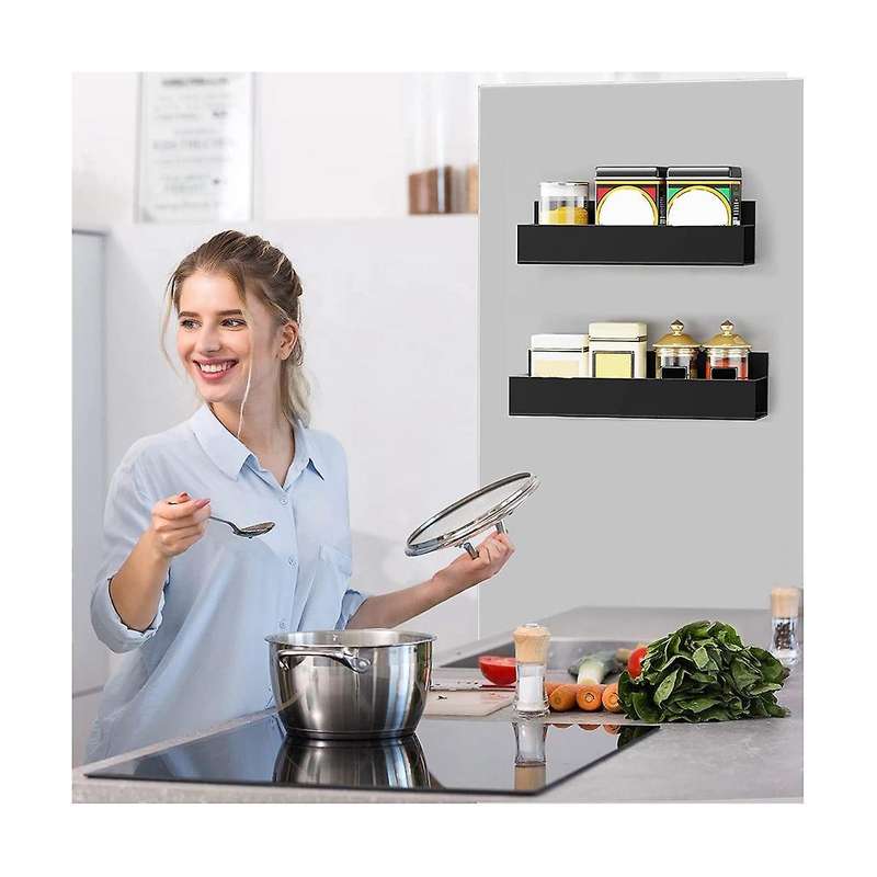 2pcs Moveable Fridge Magnetic Spice Racks Metal Black
