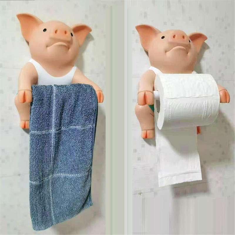 2PCS Pig Funny Toilet Paper Holder Toilet Organizer Wall Mounted Animal Figurine Toilet Tissue Hold