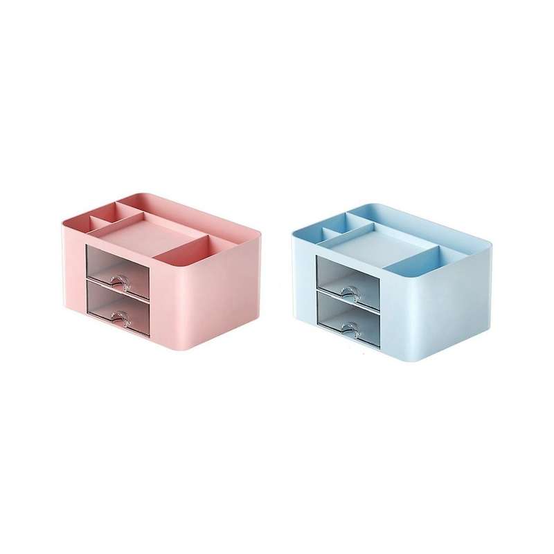 2pcs Pink+blue Simple Transparent Drawer Storage Box Children's Student Office Desktop Ornaments Pen