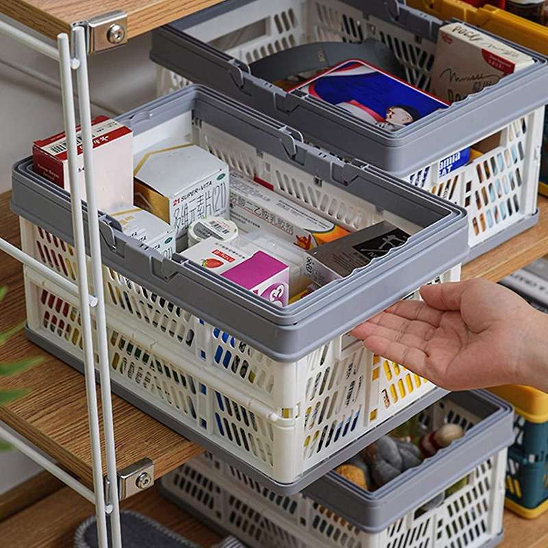 2pcs Plastic Collapsible Crates with Handles,stackable Folding Shopping Baskets,utility Container O