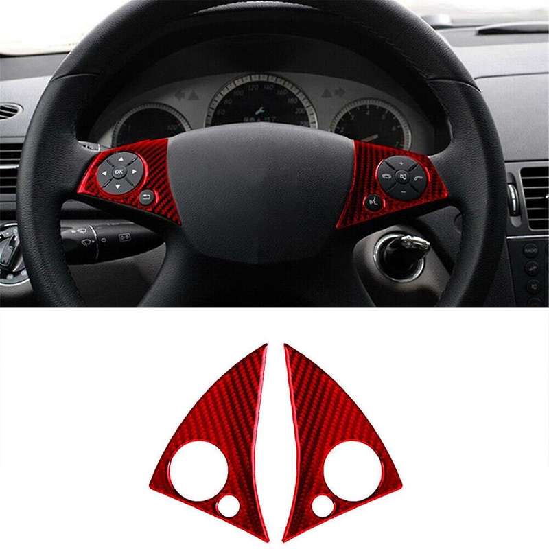 2PCS Red Carbon Fiber Steering Wheel Button Trim for C-Class W204 2007-2010