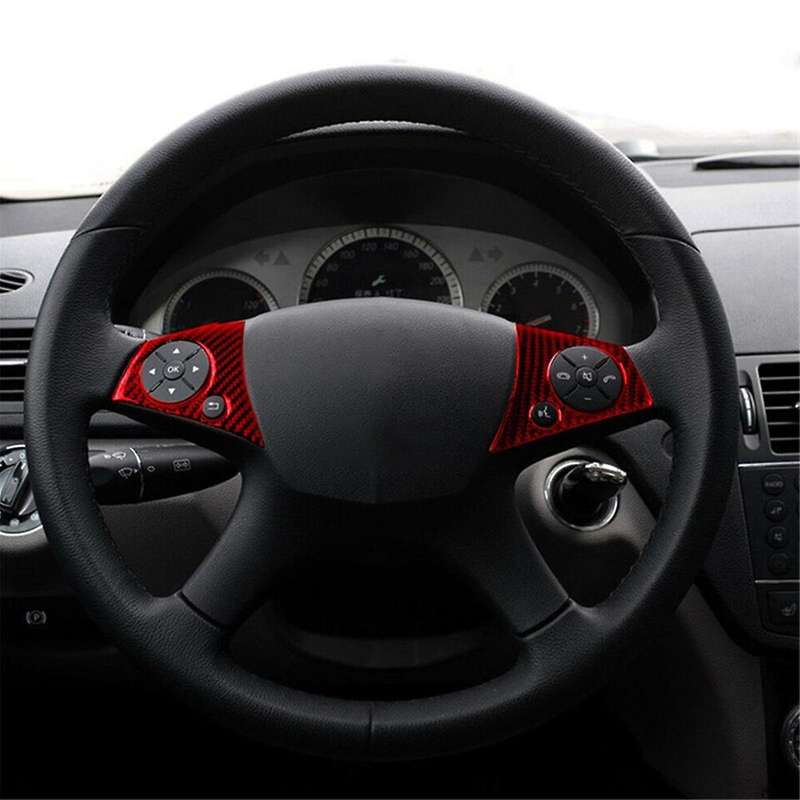 2PCS Red Carbon Fiber Steering Wheel Button Trim for C-Class W204 2007-2010