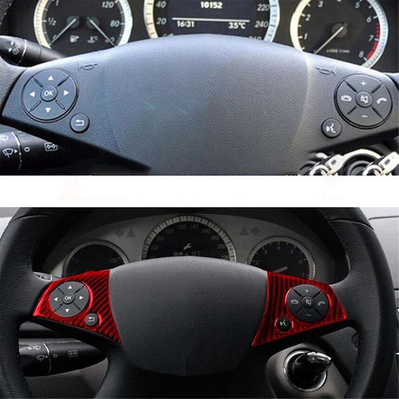 2PCS Red Carbon Fiber Steering Wheel Button Trim for C-Class W204 2007-2010