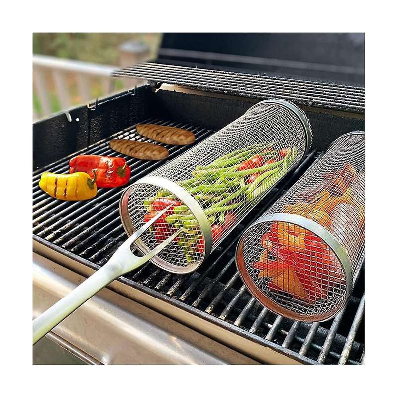 2pcs Rolling Grilling Basket - Greatest Grilling Basket Ever, Round Stainless Steel Grilling Mesh, C