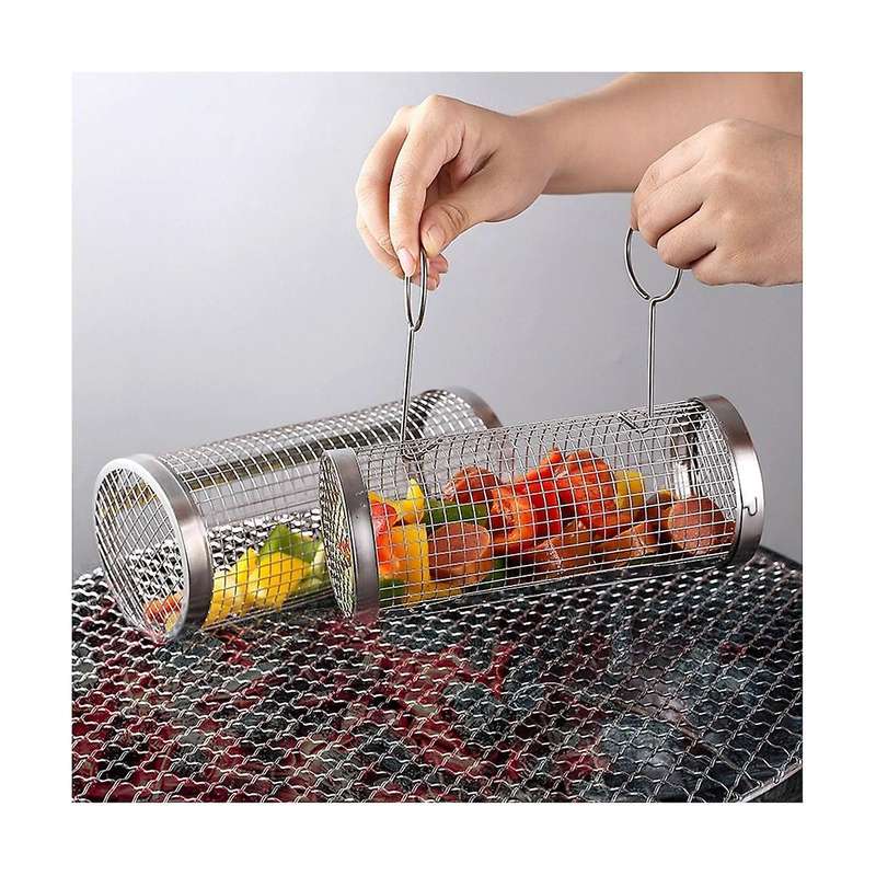 2pcs Rolling Grill Basket Stainless Steel Wire Mesh Cylinder Grilling Basket Outdoor Round Grill Ba