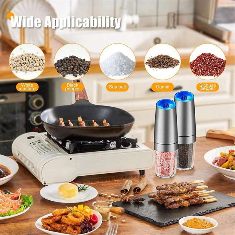 2pcs Salt and Pepper Grinder Electric Gravity Grinder+bracket Automatic Mill Set with Adjustable Co