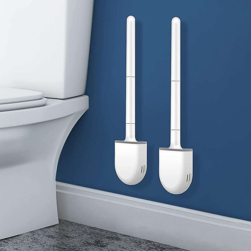 2PCS Silicone Toilet Brush Bathroom Bowl Toilet Brushes and Holders Set Bristle with No-Slip Long Ha