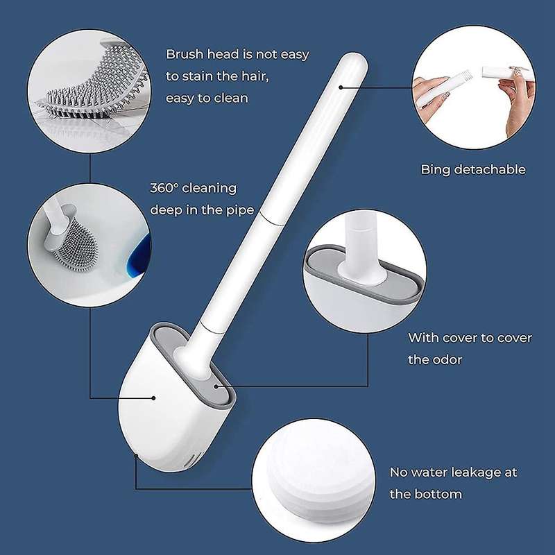 2PCS Silicone Toilet Brush Bathroom Bowl Toilet Brushes and Holders Set Bristle with No-Slip Long Ha