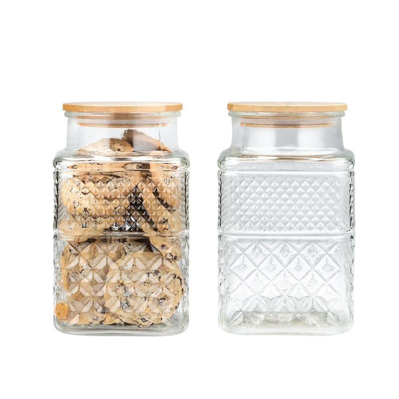 2pcs Square Glass Jars with Bamboo Lid Coffee Pasta Sugar Tea Snack Nuts Cookie Jar with Airtight Li
