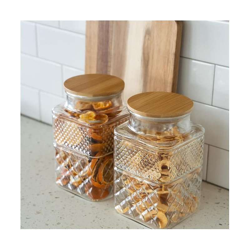2pcs Square Glass Jars with Bamboo Lid Coffee Pasta Sugar Tea Snack Nuts Cookie Jar with Airtight Li