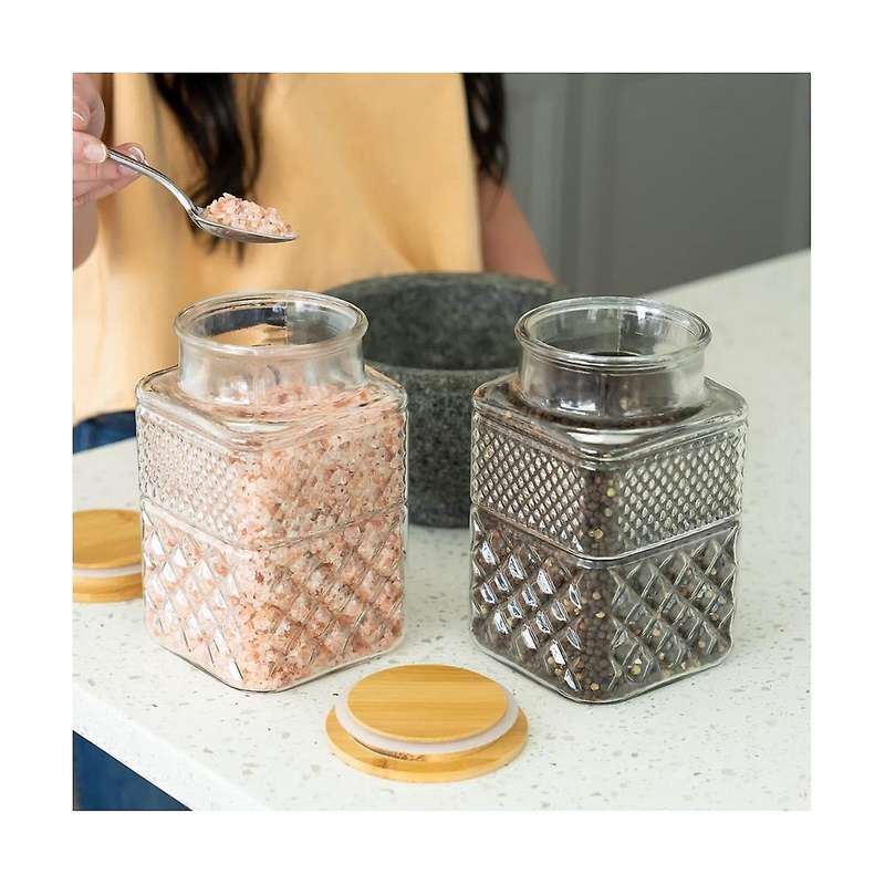 2pcs Square Glass Jars with Bamboo Lid Coffee Pasta Sugar Tea Snack Nuts Cookie Jar with Airtight Li