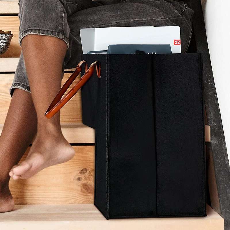 2Pcs Stair Basket with Leather Handles for 16Inch Carpeted Stairs Organizer Felt Collapsible Basket