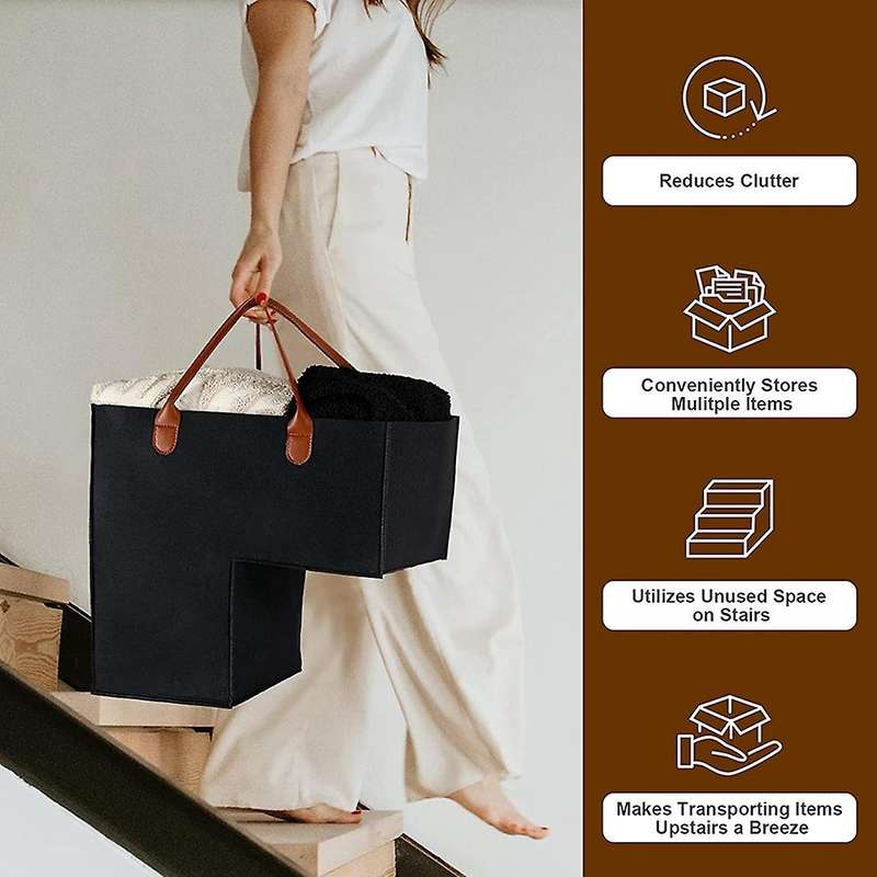 2Pcs Stair Basket with Leather Handles for 16Inch Carpeted Stairs Organizer Felt Collapsible Basket
