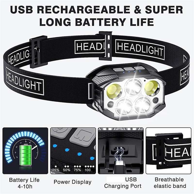 2pcs Strong Light 5LED Portable Head Light Lamp USB Rechargeable Outdoor Cycling Hiking Night Fishin